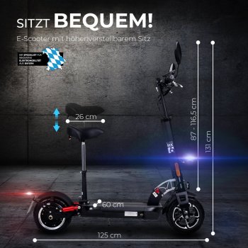eFlux Lite Six E-Scooter 1000 Watt mit Straßenzulassung, 40 km/h, verstellbarer Sitz, Lithium-Akku