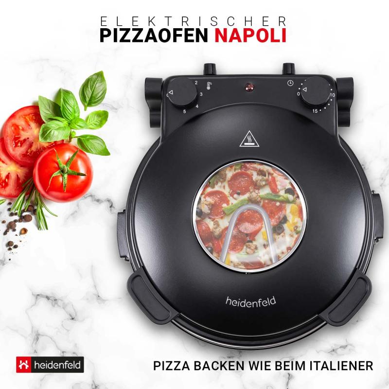 Heidenfeld elektrischer Pizzaofen Napoli, 1.200 Watt, 400°, Sichtfenster, CE-Zertifikat, Pizzastein