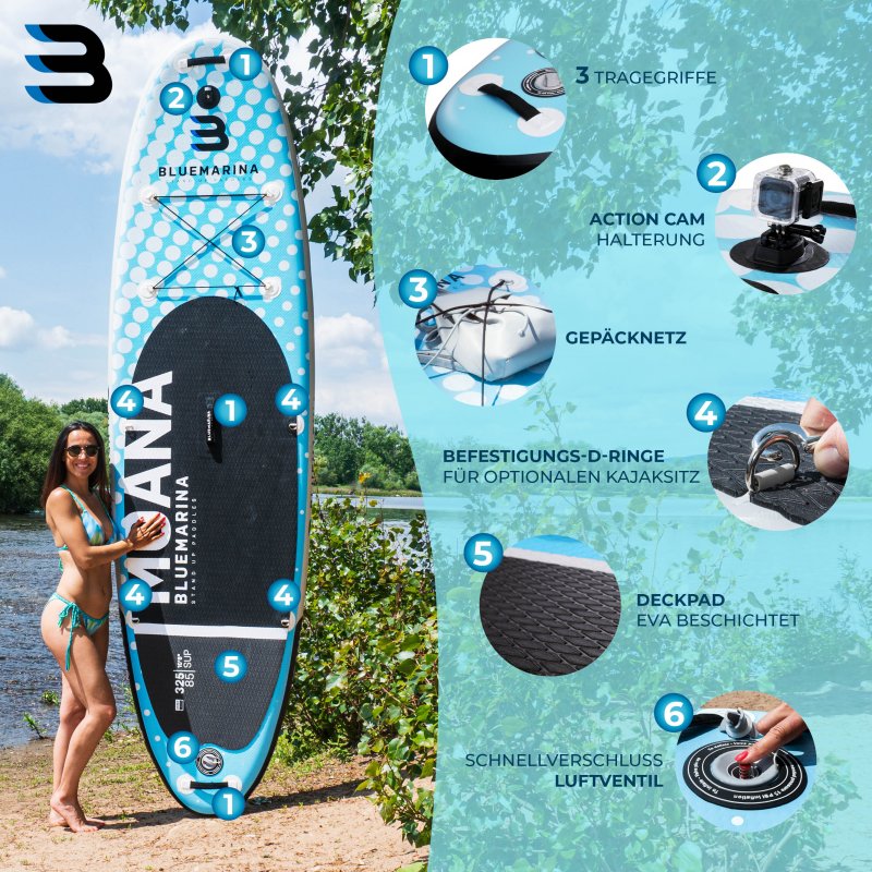 Bluemarina SUP Board Moana 2020, aufblasbar mit Double Layer, Paddel, Pumpe, Rucksack, 5J Garantie 325X86X15cm