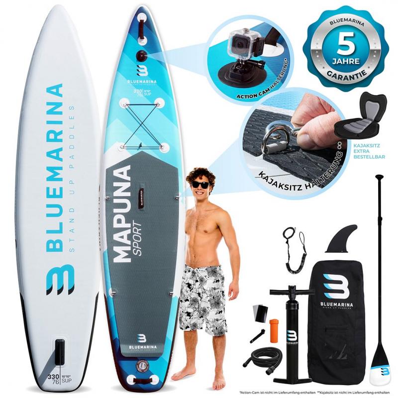 Bluemarina SUP Board Mapuna Sport 2020, Kickpad, Double Layer, Paddel, Pumpe, Rucksack, 5J Garantie Größe 330x76x15cm