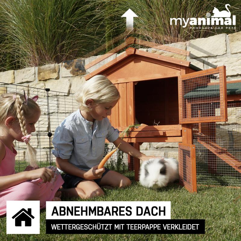 MyAnimal Hasenstall MH-03 Doppelstockhaus mit Garten, Freilauf, abnehmbares Dach, verzinkter Draht