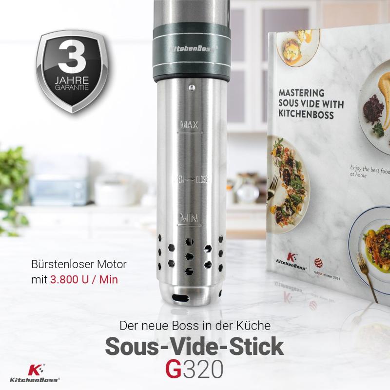 KitchenBoss Sous-Vide-Stick G320, Sous-Vide-Garer mit 3 Jahren Garantie, 1.100 Watt, 3.800 U / Min